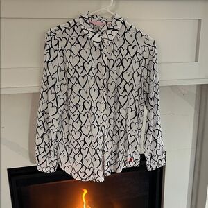 Joules six 6 White Button-Up Blouse with Black Heart Print